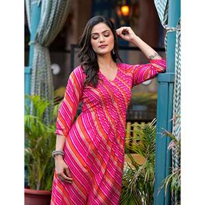 <b>Peach</b> Cotton Lehariya Straight Kurti Hand Drawn Printed Pakistani Style Salwar Kameez Party Wear Stitched Clothing - Product Image 3