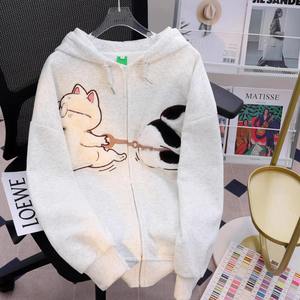 Korean New Design Embroidery Cartoon Knitted Coat Autumn Winter Cat Print Zip up Women Hoodies Streetwear Couples Clothes Top - Product Image 6