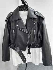 2025 <b>Women's</b> Vintage Retro Moto Biker <b>Coat</b> Loose Pu Faux Leather Short Jacket Zipper <b>Belt</b> Cotton-Filled Streetwear Outwear Tops - Product Image 6