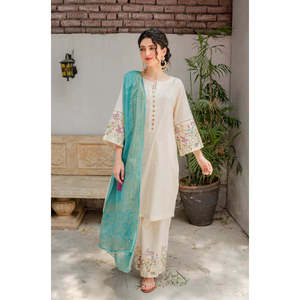 Conjunto de Vestido Bordado de 3 Piezas para Mujer AISLING Dhanak Dhanak con Chal de Lana Estampado de Alta Costura y Pantalones Bordados-BIC-3116 - Product Image 1