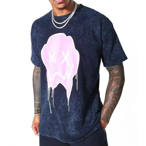 Camiseta de Algodón Azul Oscuro para Hombre con Estampado de Calavera con Gotas Rosas, Cuello Redondo, Conjunto de Ropa Urbana, Atuendo Casual de Verano - Product Image 4