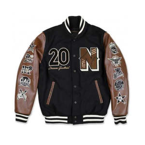 Nueva llegada de los hombres de gran tamaño elegante Stand High Street prendas de vestir exteriores Negro League Varsity lana chaqueta de cuero patrón de lona - Product Image 1