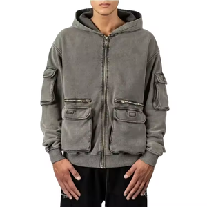Sudaderas con capucha de peso pesado de algodón con logotipo personalizado para hombre Cargo Track 3D bolsillos sudaderas con capucha de gran tamaño Vintage Stone Washed Zip Up Hoodies - Product Image 1