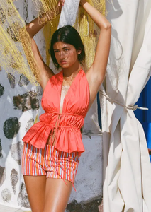 Red Sleeveless Halter Peplum Top 100% Cotton Vintage Bohemian Floral Design Button Breathable Eco-Friendly Washable Stylish - Product Image 4