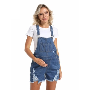 Combinaison <span class=keywords><strong>short</strong></span> <span class=keywords><strong>en</strong></span> <span class=keywords><strong>jean</strong></span> déchiré taille mi-haute ample et respirante pour femmes enceintes grandes tailles, motif uni, collection été - Product Image 4