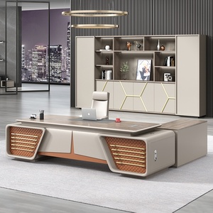 Modern Wooden Executive Office <b>Desk</b> with Built in Bookshelf Extendable Multi Functional CEO <b>Working</b> Computer Table for Commercia - Product Image 2