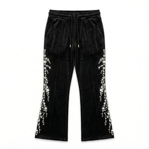 Hot Women Heavyweight Velour Flare Pants Custom Rhinestone Side Drip Painted Glitter Print <b>Streetwear</b> High Street <b>Y2K</b> Fashion - Product Image 1