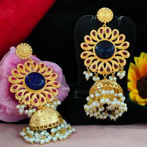 Flower Shaped Top Finest Quality Moissanite Stone Jhumkas Charming Flower Motif <b>Earings</b> with Apala Polish <b>Pearl</b> Elegant Stylish - Product Image 2