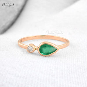 Vente en gros de bijoux en or rose massif 14 carats diamant naturel 0.41 ct émeraude verte bague de réglage de lunette à deux pierres pour fabrication de fête - Product Image 2
