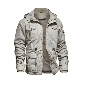 Mens Vintage Winter <b>Jacket</b> 100% Cotton Outerwear Detachable Hood <b>Fleece</b> <b>Lining</b> Stand Collar Zipper Closure OEM Service Available - Product Image 1