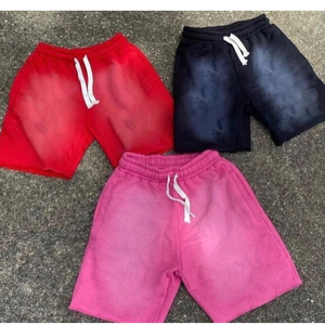 2024 cordón lavado ácido bordes crudos Vintage liso francés Terry algodón polar Jogger deportes desgastado algodón sudor pantalones cortos para hombres - Product Image 2