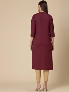 <b>Top</b> Selling V-neck Long Sleeve Pure Cotton Elegant <b>Classy</b> Maroon Colour Straight Shape Regular Fit Summer Kurta - Product Image 2