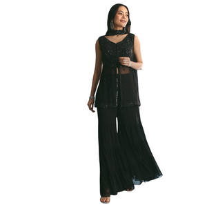 Vente en gros georgette noire Peplum Kurta Sharara sertie de paillettes de perles pour réception de mariage et commandes ethniques personnalisées - Product Image 1