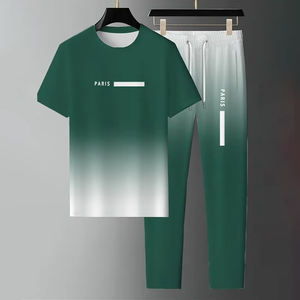 Men's Color Design Full-Print Solid Short Sleeve Extended Pants Two-Piece Set Casual Outdoor Sports Comfortable 100% Cotton - Product Image 2