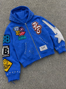 CpW Sudadera Unisex Azul con Cremallera, de Felpa Francesa Gruesa, Estilo Oversize, Diseño Patchwork, Bordada con Pedrería, Orgánica - Product Image 4