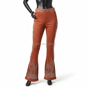 Pantalon évasé pour femme en tricot extensible polyester élasthanne 240 GSM, tissu respirant, logo thermocollant marron cristal, pantalon évasé pour femme - Product Image 1