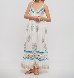 DESIGNER LONG SLEEVELESS WHITE DRESS <b>GOLD</b>/BLUE DETAILS V NECK <b>BUTTON</b> DECORATION WAIST ONE SIZE 100% Organic Cotton Eco-Friendly - Product Image 3