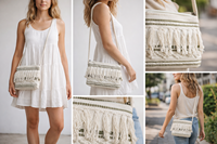 Sac bandoulière tissé à la main en coton avec franges, grande capacité, style bohème ethnique, pour femme, doux et décontracté, avec chaînes