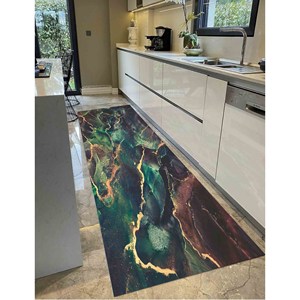 Tapis en marbre doré : Tapis contemporain vert et marron chatoyant, avec poils doux - Product Image 4