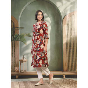 Kurta Recta Estampada de Algodón Puro para Mujer, Color Granate, Cuello Redondo, Largo hasta la Pantorrilla, Cintura Natural, Transpirable - Product Image 2