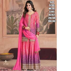 Kurta Sharara Dupatta brodé ethnique avec pompons col rond manches trois-quarts long costume indien Sharara Pallazo mariage - Product Image 2