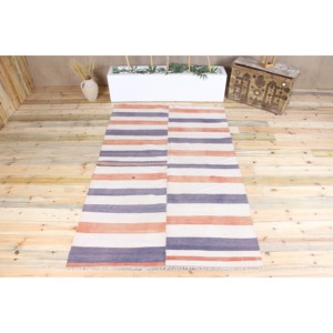 Tapis turc traditionnel en laine 4,9x7,6 pieds, écologique, patchwork orange, kilim rayé avec envers en latex - Product Image 1