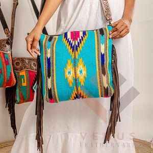 LW Fashion Sac à bandoulière en toile imprimé à franges en cuir de Bohème pour femmes Sangle unique en cuir véritable Multicolore Cross Body Hiver - Product Image 4
