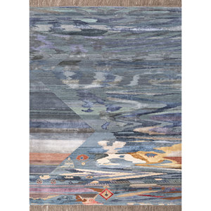 Alfombra Manchaha Azul de Lana y Seda de Bambú Anudada a Mano, 10 mm, Rectangular, para Pasillo, Modelo Les-2455, Abstracta, Hecha a Mano - Product Image 1
