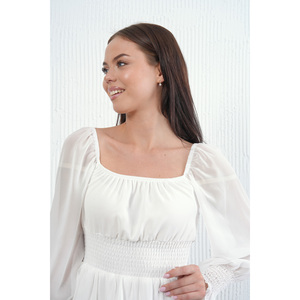Vestido Casual Blanco para Mujer 078, Cuello Cuadrado, Falda de Gasa, Cintura Natural, Forro Gipeli, Largo hasta la Rodilla, Método de Tejido No Tejido, 100% - Product Image 2
