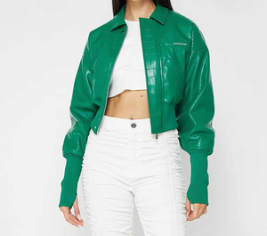 Vestes en cuir PU en peau de mouton véritable pour femmes, nouvelle collection d'hiver, design unique, vert, coupe courte, col montant en crochet, vente en gros - Product Image 3