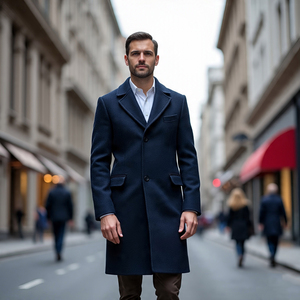 Manteau long en laine rayé pour homme d'hiver, double boutonnage, trench-coat en laine respirant, col rabattu, manteau long en laine pour homme d'affaires - Product Image 4