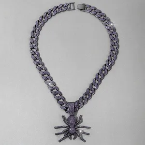 Collier pendentif araignée style Hip Hop, serti de cristaux violets, en argent sterling plaqué or, avec chaîne maille Miami, pour soirée - Product Image 2