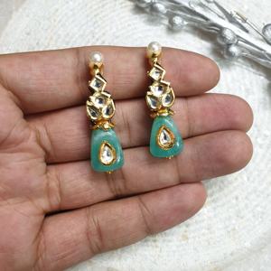 Small <b>Fine</b> <b>Stud</b> <b>Earrings</b> in Sea Green Kundan Stone - Product Image 2