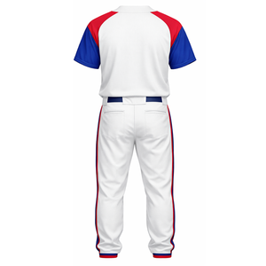 Premium <b>White</b> Raglan Baseball Uniform Set Custom Red & <b>Blue</b> Contrast Sleeve Jersey with Matching Side-<b>Stripe</b> Performance Pant - Product Image 3