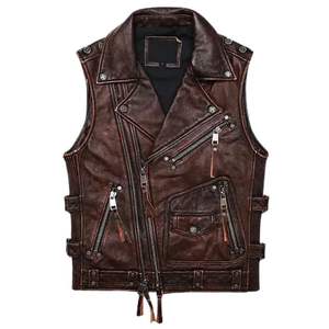 Gilet en cuir véritable respirant pour hommes en gros, conception de revers avec fermeture éclair, gilet en peau de vache sans manches Service ODM et OEM - Product Image 1