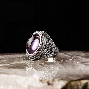 <b>Real</b> Pure 925 Sterling Silver Ring Handmade Turkey Luxury Vintage Style Trendy Model Featuring Amethyst <b>Crystal</b> Stone - Product Image 1