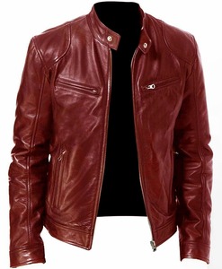 <b>For</b> Brown Coated Leather Varsity <b>Jacket</b> Slim Fit <b>Men</b> Motorcycle Style Outerwear Stand Hooded Zipper Pockets Classic Look ODM - Product Image 3