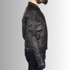 Veste de moto en cuir noir pour hommes Veste de moto en cuir de vachette véritable coupe ajustée et élégante avec poches zippées Veste de moto en cuir rembourrée avec protection - Product Image 3
