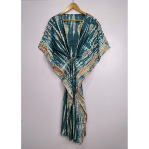 Caftán Boho Indio Estampado con Lazo Manual Azul Metálico de Algodón Ligero para Cubrir Trajes de Baño - Product Image 5