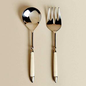 Servidor de ensaladas de acero inoxidable, juego de vajilla con mango de cerámica blanca plateada única, juego de servidor de ensalada de comedor real - Product Image 1