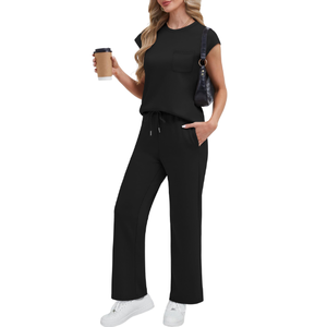 2025 donna Casual estivo per Lounge set tinta unita tuta a 2 pezzi abbinata pantaloni in maglia per la primavera/estate - Product Image 1