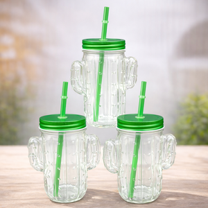 Vaso de vidrio de cactus de 400ml con tapa y pajita, jarra reutilizable para bebidas, vaso para café helado, burbujas, fiestas de verano, OEM ODM - Product Image 2