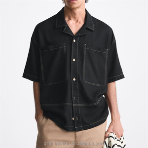 Wholesale Custom Contrast Top Stitching Patch Pockets Mandarin Collar Double Breasted Short Sleeves <b>Linen</b> <b>Cotton</b> Anti-Wrinkle - Product Image 2