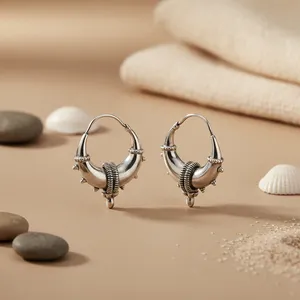 Boucle d'oreille créole en argent avec design tribal traditionnel, rhodiée, pour femme, avec or rose, diamant, perle, zircon, tendance, religieuse - Product Image 2