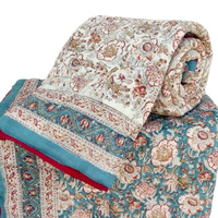 Selimut Katun Ramah Lingkungan Anti Alergi 300tc Cetak Blok India, Selimut Tempat Tidur Tunggal Bolak-Balik Buatan Tangan Motif Bunga