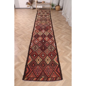 Turkish Vintage Rug, 2.6x14.9 ft <b>Runner</b> Rug, Red <b>Green</b> Persian Wool Rug - Product Image 1