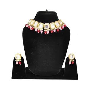 Conjunto de Collar de Una Sola Capa con Perlas Rosadas y Rojas, Chapado en Oro de 24K, para Bodas y Joyería Fina, Joyería Nupcial - Product Image 1