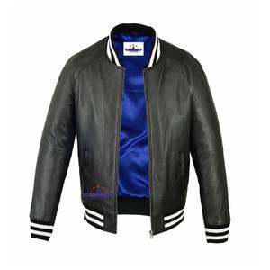 <b>Mens</b> Premium Fivestar Leather Letterman <b>Jacket</b> Varsity <b>Black</b> with Blue Lining Waterproof Sheep Fur Winter Wear - Product Image 1