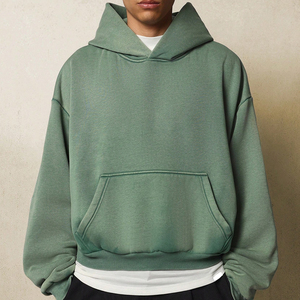 เสื้อฮู้ดดี้ผู้ชายสีเขียวมะกอกทรงหลวม ผ้าหนา มีกระเป๋าหน้าขนาดใหญ่และปลายแขนเสื้อแบบริบ สำหรับสวมใส่สบายๆ แบบลำลอง เสื้อฮู้ดดี้สั่งทำพิเศษ - Product Image 1