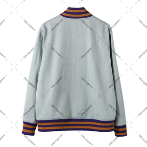 Veste en jean légère personnalisée Fraternity avec broderie en chenille coutures violettes, fidèle à la taille - Product Image 2